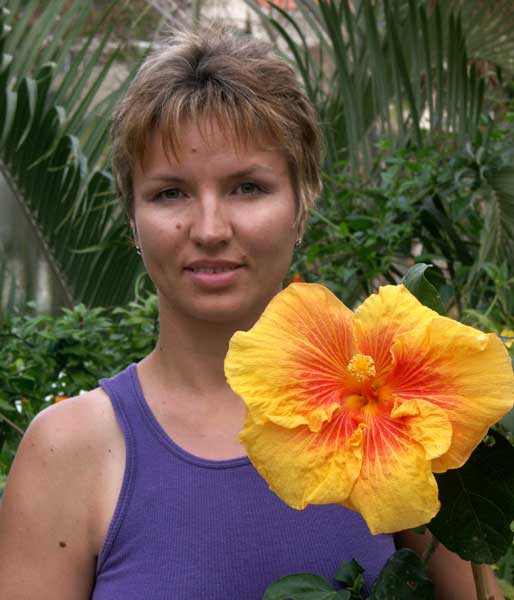 Woman holding large orange-yellow hibiscus flower